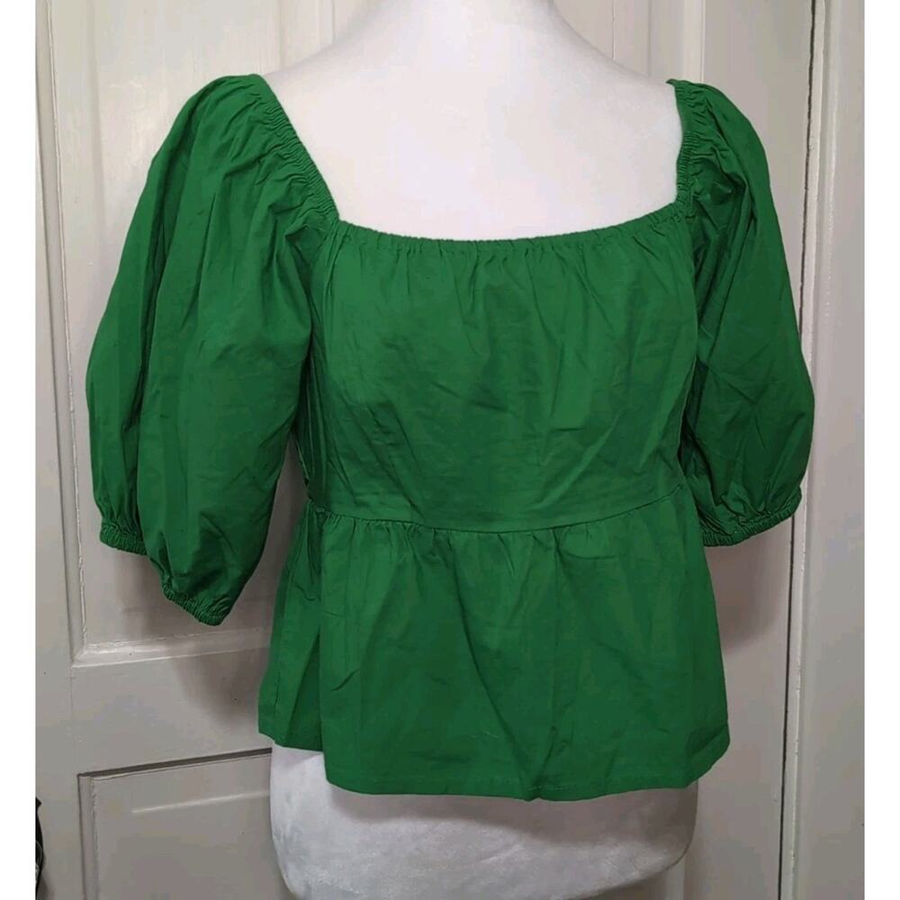 Sim & Sam Kelly Green Puff Sleeve Smocked Blouse Women's L Summer (1176)